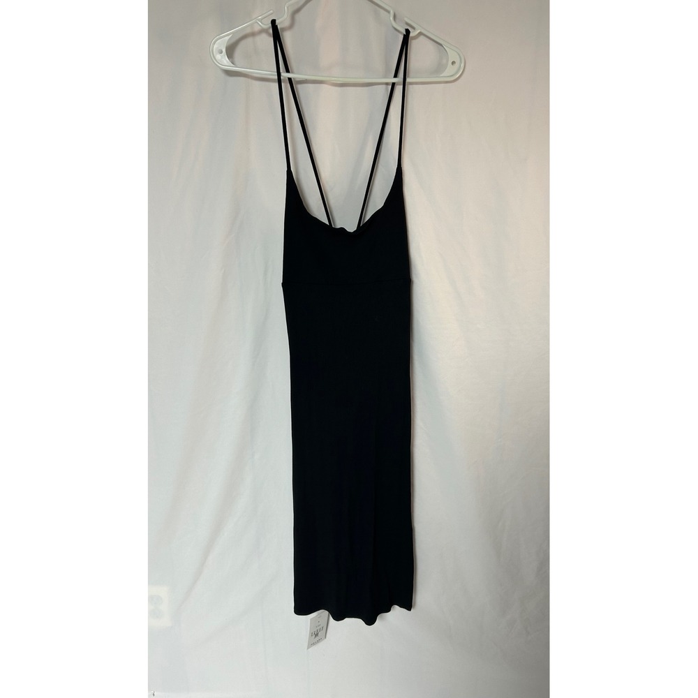 NWT Halara Black Ribbed Lace Up Back Midi Dress Small Spaghetti Strap Scoop Neck
